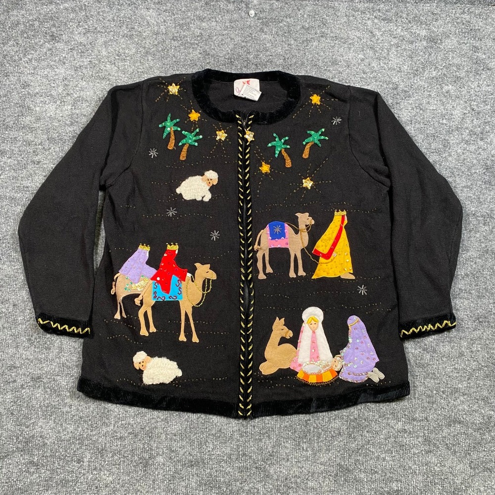 Quacker Factory Nativity Scene Christmas Cardigan Zip Front Black Women 1X